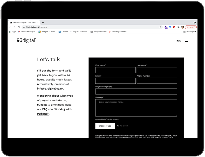 ClarityDX form contact us on a tablet